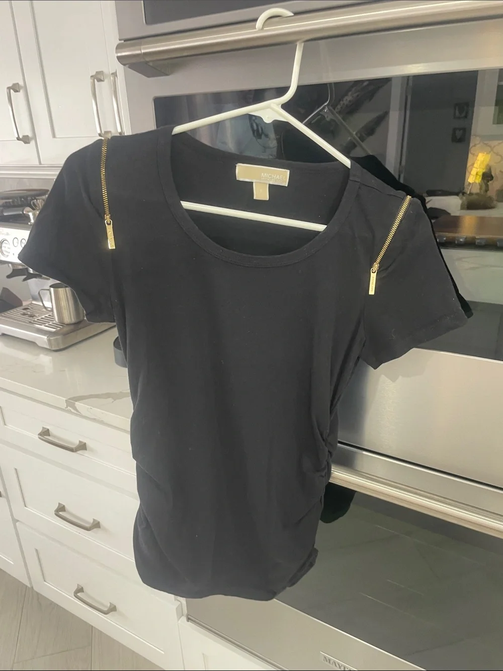 Michael Kors Black Short Sleeve Tee with Gold Zipper Details